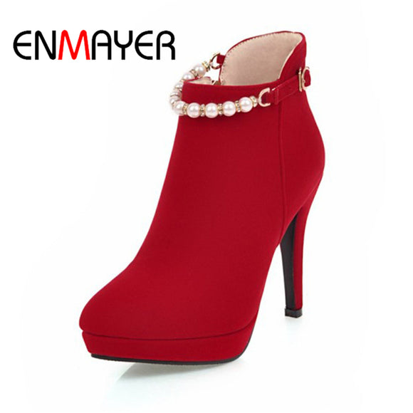 ENMAYER  Women Shoes Flock Platform  Zipper High Heels String Bead Solid  Round Toe Thin Heels Party Dress Red Boots