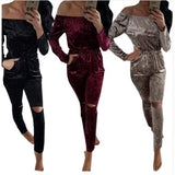 Elegant Off Shoulder Velvet Jumpsuit Women Slim Overalls Rompers Casual Long Pants Ladies Jumpsuits Romper 5 Colors GV442