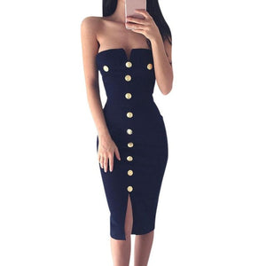 Fashion Spring Ladies Womens Sexy Off Shoulder Button Bodycon Dress Sexy Split Bodycon Pencil Cocktail Knee-Length Party Dress