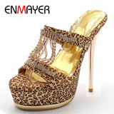 ENMAYER New Fashion Shoes Women Sandals Sexy Rhinestones Leopard Platform High Heels Sandals Party Platform Sandals Shoes