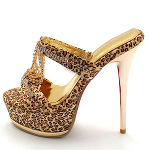 ENMAYER New Fashion Shoes Women Sandals Sexy Rhinestones Leopard Platform High Heels Sandals Party Platform Sandals Shoes