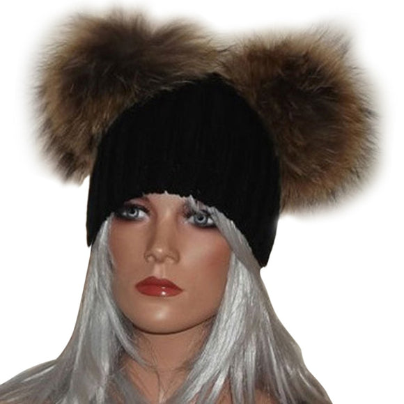 Fashion Winter Hat Women Fur Pompom Knitted Beanie Ladies Girl Warm Knit Cap Hats Women Beanies Bonnet Femme Solid Color Hat F1