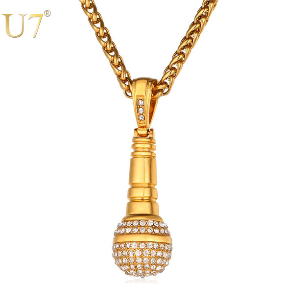 U7 Ice Out Chain Necklace Microphone Pendant Men/Women Stainless Steel Gold Color Rhinestone Best Friend Jewelry Hip Hop P1018