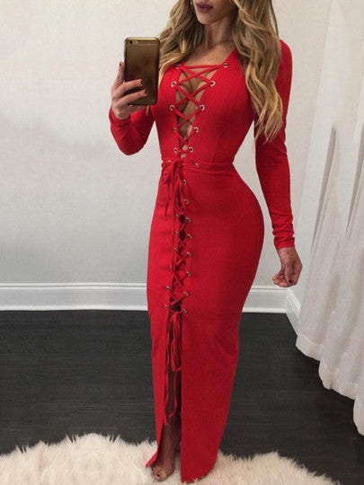 Red Lace up Bodycon Women's Maxi Dress