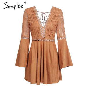 Simplee Sexy lace up v neck suede lace dress women Hollow out flare sleeve winter dress party christmas Autumn backless femme