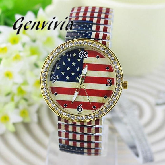 GENVIVIA New Women Fashion Flag Parten Diamond Watch Roman Numerals Elasticity Analog Quartz Wrist Watch