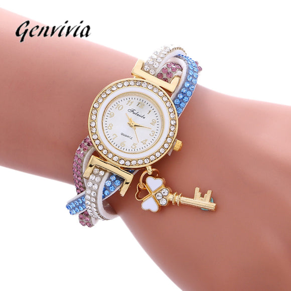 Fashion Leather Wrap Around Fashion Padlock Diamond Bracelet Lady Womans Wrist Watch