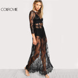 COLROVIE Black Sheer Floral Lace Maxi Dress High Waist Sexy Women Buttoned Split Back Party Dress 2017 Ladies Beach Long Dress