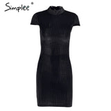 Simplee Corduroy backless lace up vintage dress women Sexy mandarin collar bodycon dress Christmas elegant party dresses robe