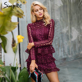 Simplee Elegant hollow out ruffle lace dress Women vintage long sleeve slim short dress Sexy christmas party dress vestidos