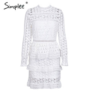 Simplee Elegant hollow out ruffle lace dress Women vintage long sleeve slim short dress Sexy christmas party dress vestidos