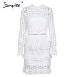 Simplee Elegant hollow out ruffle lace dress Women vintage long sleeve slim short dress Sexy christmas party dress vestidos