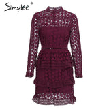 Simplee Elegant hollow out ruffle lace dress Women vintage long sleeve slim short dress Sexy christmas party dress vestidos