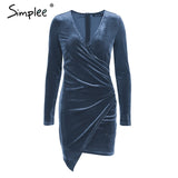 Simplee Velvet soft deep v neck bodycon dress Vintage autumn winter sexy dress women long sleeve Christmas party dress vestidos