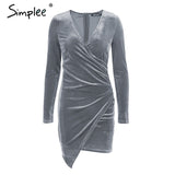 Simplee Velvet soft deep v neck bodycon dress Vintage autumn winter sexy dress women long sleeve Christmas party dress vestidos