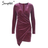 Simplee Velvet soft deep v neck bodycon dress Vintage autumn winter sexy dress women long sleeve Christmas party dress vestidos