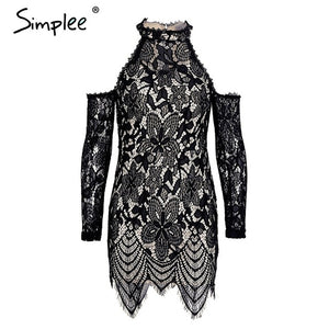Simplee Halter cold shoulder black lace dress Women sexy slim bodycon dress vestidos Elegant fringed christmas party mini dress
