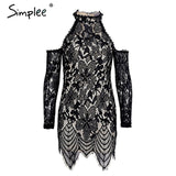 Simplee Halter cold shoulder black lace dress Women sexy slim bodycon dress vestidos Elegant fringed christmas party mini dress