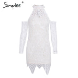 Simplee Halter cold shoulder black lace dress Women sexy slim bodycon dress vestidos Elegant fringed christmas party mini dress