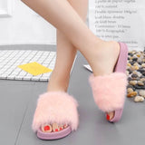 Womens Flat Non-slip Soft Fluffy Faux Fur Flat Slipper Flip Flop Sandal