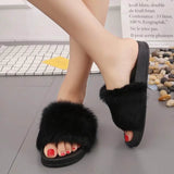 Womens Flat Non-slip Soft Fluffy Faux Fur Flat Slipper Flip Flop Sandal